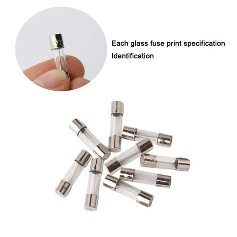 Close-up of Pro Car Fast Blow Glass Tube Fuse Kit Loadout With 100 Quick Blow Fuses 6x30mm 0.5A To 30A Range, showing individual fuses.