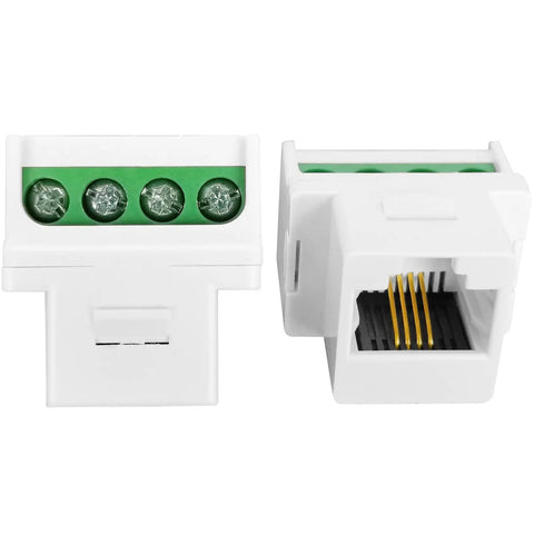 Straight Up Premium 5 Pack White RJ11 Cat3 Telephone Keystone Jacks with quick screw terminals and gold pins.
