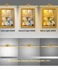 Wireless 26 Inch Picture Light With Rechargeable 8000mAh Battery Remote Control Dimmable Brightness And Timer Off 3 Lighting Modes Full Metal Gold Finish Art Display Light For Paintings And Photos 70 LEDs 1 Pack For Home Studio And Gallery Use displaying cold, natural, and warm light modes