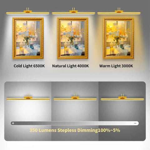 Wireless 26 Inch Picture Light With Rechargeable 8000mAh Battery Remote Control Dimmable Brightness And Timer Off 3 Lighting Modes Full Metal Gold Finish Art Display Light For Paintings And Photos 70 LEDs 1 Pack For Home Studio And Gallery Use displaying cold, natural, and warm light modes