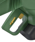 Close-up of the green adjustable setting handle on a Handheld Seed Spreader for Lawns and Gardens With 6 Lb Capacity, Covers Up To 1100 Sq Ft Per Load.