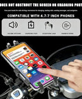 Rock Solid Motorcycle And ATV Phone Mount Featuring Heavy Duty Silicone Shock Absorption and Multi Claw Grip Design For Zero Shake Off Road Riding Adventures with phone in holder.