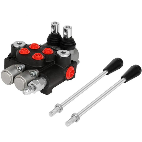 Dual Spool Hydraulic Flow Control Valve For Small Tractors And Loaders, 21 GPM At 3600 PSI, G Ports, Adjustable Relief, Lever Handle
