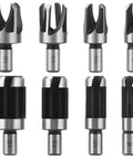 Premium Eight Piece Wood Plug Cutter Set Featuring Four Straight And Tapered Cork Drill Bits Heavy Duty Carbon Steel Gear for DIY.