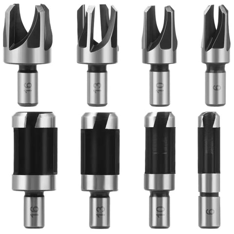 Premium Eight Piece Wood Plug Cutter Set Featuring Four Straight And Tapered Cork Drill Bits Heavy Duty Carbon Steel Gear for DIY.