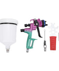 Real Deal HVLP Paint Sprayer Machine Delivering Smooth As Silk Atomization And No Sweat Adjustments For Furniture Coating And Auto Painting With Solid 600 Ml Aluminum Cup showing sprayer, 600ml cup, and cleaning tools.