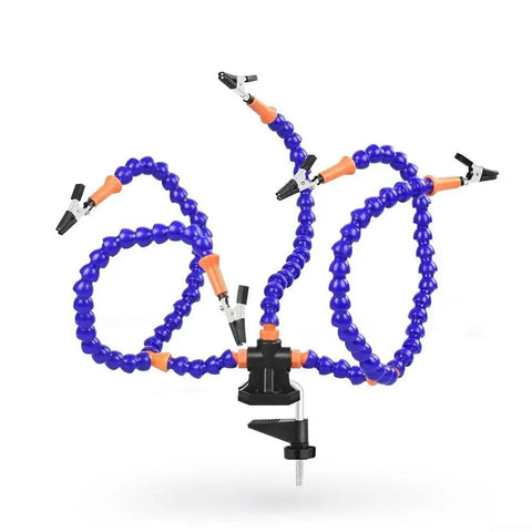 Adjustable Soldering Helping Hands Tool With 360 Degree Rotating Clips Bendable Metal Arms in blue with heat resistant clips