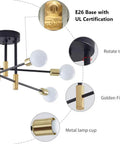 Sputnik Chandelier Modern Pendant Light Fixture In Black And Gold With Adjustable Arms and E26 Base