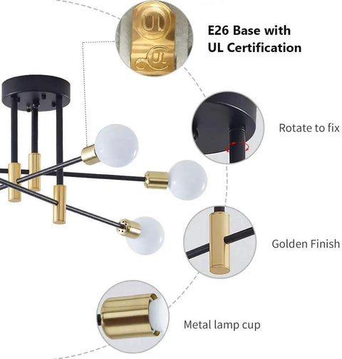 Sputnik Chandelier Modern Pendant Light Fixture In Black And Gold With Adjustable Arms and E26 Base