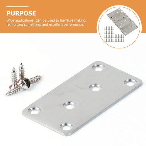 Flat Corner Brace Plates Set Stainless Steel With Screws 10 Piece Kit Corrosion Resistant Mending Brackets For Chairs And Furniture Easy To Install Heavy Duty Hardware Accessories with screws on white background
