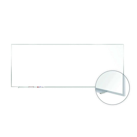 Front view of 4 X 12 Porcelain Magnetic Whiteboard with aluminum frame, includes marker and eraser, heavy duty for classrooms and offices.