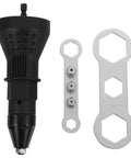 Heavy Duty Cordless Riveting Kit With Electric Adapter For Drill Makes Quick Work Of Production Jobs Saving Labor And Effort On Every Task Today. black drill adapter with two silver wrench attachments