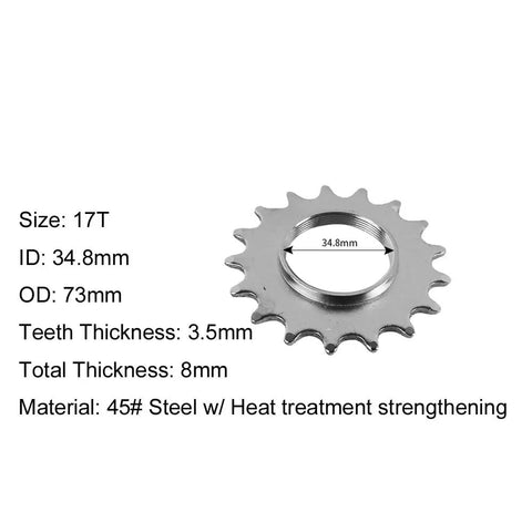 Five Size Set Freewheel Sprockets 13T 14T 15T 16T 17T For Single Speed Fixed Gear Bike With Free Lock Ring Low Noise Steel Construction Ideal For Urban Riding And Track Ready Builds, showing size 17T with dimensions and material