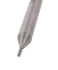 Close-up of 1/8-inch, 4-flute straight end mill tip with 1/4-inch shank