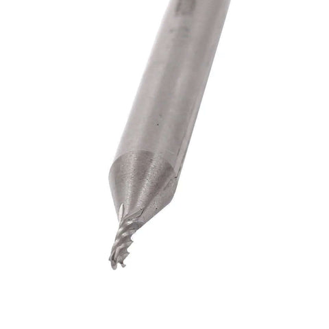 Close-up of 1/8-inch, 4-flute straight end mill tip with 1/4-inch shank