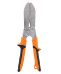 Front view of heavy duty five blade sheet metal crimping tool with 1.61 inch throat for crimping 24-28 gauge pipes, orange handles