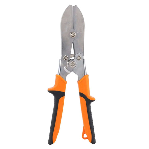 Front view of heavy duty five blade sheet metal crimping tool with 1.61 inch throat for crimping 24-28 gauge pipes, orange handles