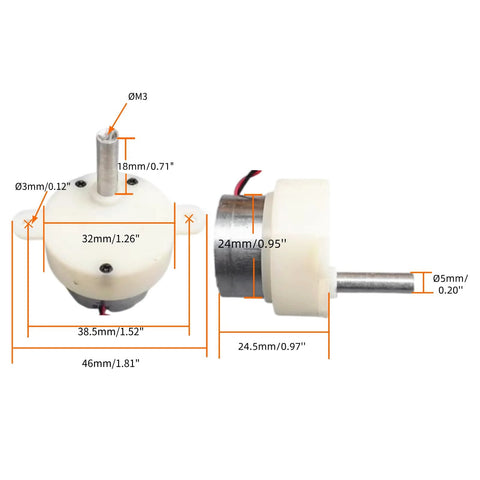 Front and side view of CHANCS DC 6V 5RPM plastic gear reducer motor with 18mm shaft for crystal magic ball light.