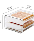 Clear Plastic Egg Holder With Two Layer 40 Egg Capacity Drawer Style Fridge Storage Box For Fresh Eggs, dimensions shown