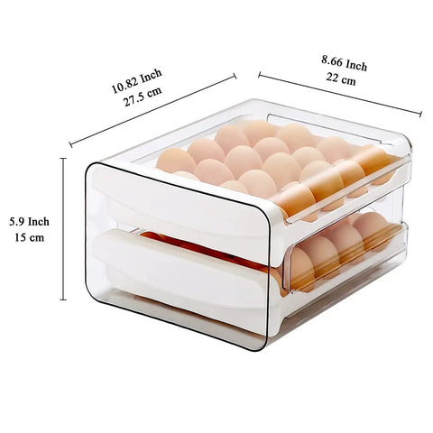 Clear Plastic Egg Holder With Two Layer 40 Egg Capacity Drawer Style Fridge Storage Box For Fresh Eggs, dimensions shown