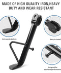 Sixteen Centimeter Universal Motorcycle Kickstand Foot Side Stand Support For ATV Dirt Bikes Off Road Vehicles Scooters And EBike Heavy Duty Iron Construction For Maximum Stability, showing design features and build material.