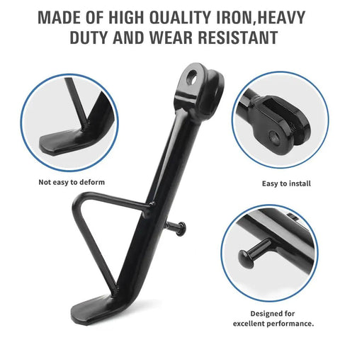 Sixteen Centimeter Universal Motorcycle Kickstand Foot Side Stand Support For ATV Dirt Bikes Off Road Vehicles Scooters And EBike Heavy Duty Iron Construction For Maximum Stability, showing design features and build material.