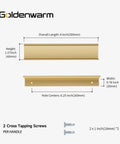 Diagram of champagne gold drawer pulls with 8 inch length and 0.78 inch width, showing measurements and screws included.