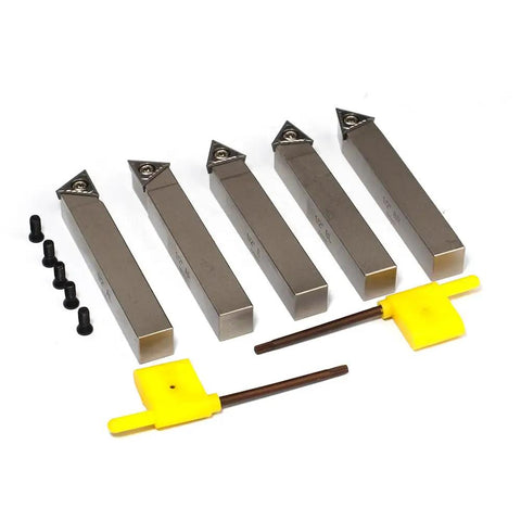 Top Shelf Mini Indexable Lathe Turning Tool Set With Half Inch Nickel Plated Shank Holders Plus Razor Sharp Carbide Insert Blades.
