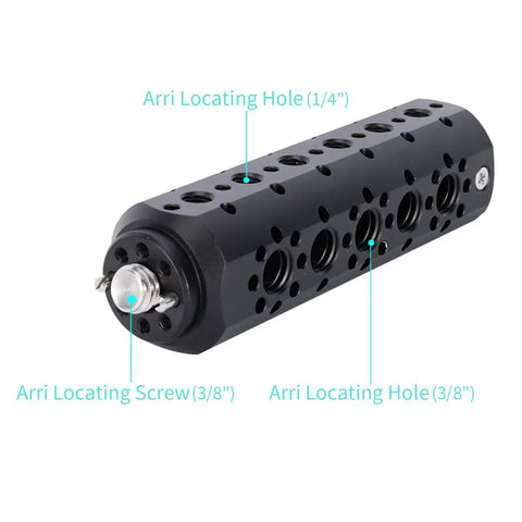 Rock Solid Cheese Mount Camera Extension Handle Grip For Pro DSLR Video Rig Setup With Full Body Threading And Reliable Arri Quarter Inch Mounts For Shoot Ready Filmmaking Support with visible Arri locating holes.