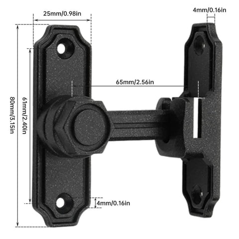 90/180 Degree Flip Barn Door Lock Security Latch for Sliding Doors and Cabinets, Matte Black Finish, side view with dimensions
