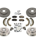 Must-Have Premium Front Brake Kit For Chevy Cobalt And Pontiac G5 That Slays With Ceramic Pads To Stop Dead In Tracks While Keeping Your Ride Safe And Smooth Like A Dream Car., front brake kit with ceramic pads, rotors, shoes, and hardware laid out