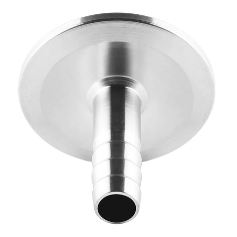 Stainless steel 1.5-inch tri-clamp to 3/8-inch barb sanitary adapter, close-up view
