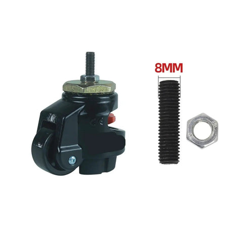 Hardcore Heavy Duty Leveling Casters Four Pack Industrial Support Roller Wheels With Adjustable Threaded Base For Solid Machinery Setup And Smooth Rolling On Any Shop Floor showing 8mm threaded base and caster detail.