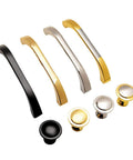 Variety of cabinet handles and knobs in different finishes, including brushed nickel, for mixed decor styles, featuring Euro style drawer pulls.