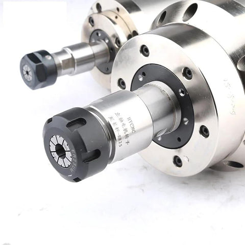 Two ER collet chucks on a metal CNC spindle assembly; silver shafts with black nuts, front view