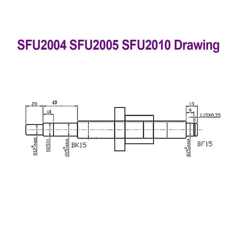 Technical drawing of Heavy Duty Ball Screw Kit SFU2004 SFU2005 SFU2010 1000 To 2000mm Length With C7 Roller Screw And Single Ball Nut