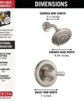Dimensions of Lahara 14 Series 5-Setting Shower Faucet Trim Kit With Brushed Nickel Shower Head And Handle Stainless Valve Trim Five Slick Spray Settings Model T14238-SS Valve Not Included