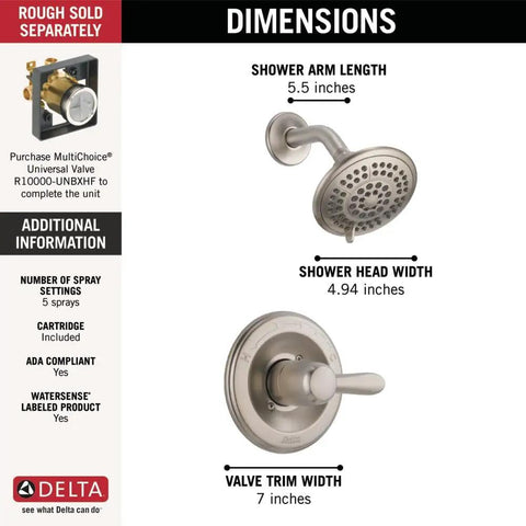Dimensions of Lahara 14 Series 5-Setting Shower Faucet Trim Kit With Brushed Nickel Shower Head And Handle Stainless Valve Trim Five Slick Spray Settings Model T14238-SS Valve Not Included