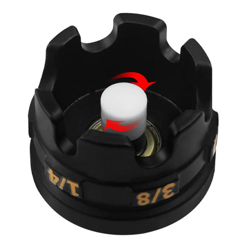 Heavy Duty Threaded Rod Nut Driver mounts directly to power drills; black nut spinner showing 3/8 inch size and inner mechanism.
