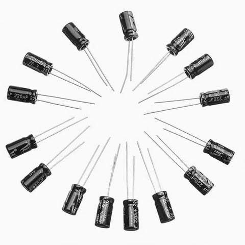 Assorted capacitors from 24 Value 500 Piece Aluminum Electrolytic Capacitor Kit For DIY Electronics Projects And Tinkerers In A Handy Box