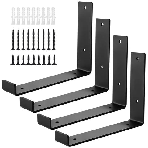 Heavy Duty L Shaped Shelf Brackets 4 Pack Black Wall Mount Corner Supports with screws and anchors included.