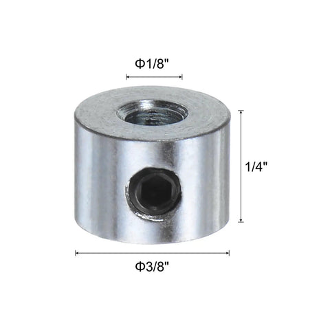 Eight Pack Set Screw Shaft Collars With One Eighth Inch Bore Zinc Plated Carbon Steel Construction, Three Eighths Inch Outside Diameter, One Quarter Inch Width, Axle Collar Clamp Includes Hex Wrench, Heavy Duty Locking for Precise Positioning shown with 1/8 bore and 3/8 OD