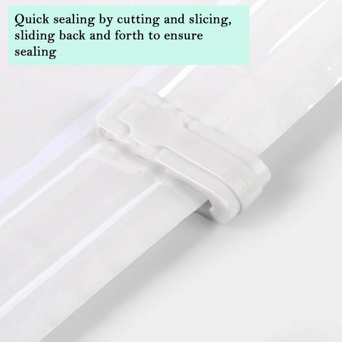 Close-up of Ten Pack Vacuum Storage Bags Sealing Clips Set With Reusable Zipper Grips on plastic bag demonstrating sealing mechanism.