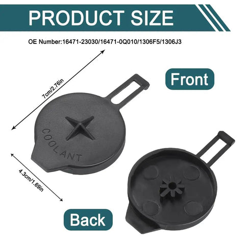 Engine Coolant Reservoir Cap Replacement For Toyota Corolla Yaris Scion Models 2012 2019 Expansion Tank Lid Cover Fits OEM 16471-23030 16471-0Q010 1306F5 1306J3 front and back view showing dimensions.