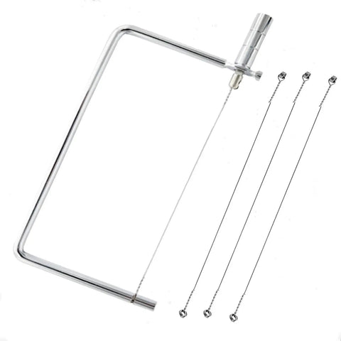 Six Inch Cheese Slicer Kit Crafted From Durable Stainless Steel And Polished Copper Comes With Four Extra Wires For Legit Smooth Cuts A Totally Slick Upgrade Any Serious Kitchen Deserves Now showing stainless steel cheese wire cutter with four extra wires.