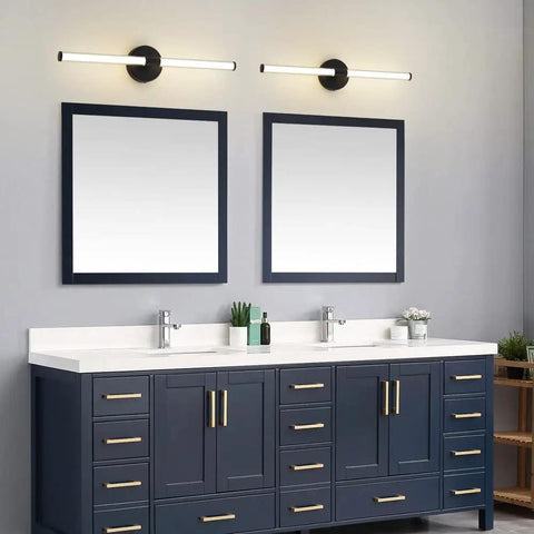 Modern Black LED Bathroom Vanity Light Fixture Wall Sconce 24 Inch 20W 4000K Soft White above minimalistic mirrors.