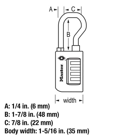 Diagram of Two Pack Set Your Own Combination TSA Approved Luggage Locks dimensions with detailed measurements in inches and millimeters.