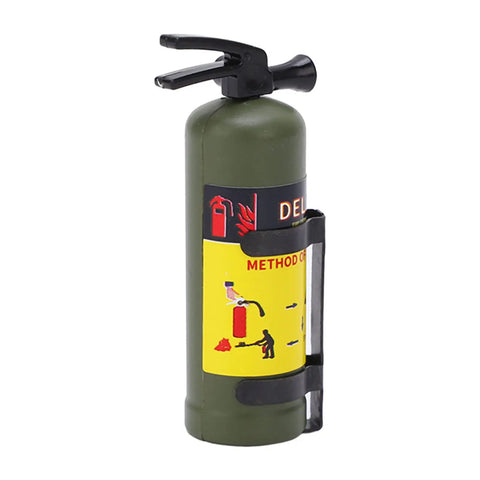 Slick Green Mini Fire Extinguisher For RC Rigs With Vivid Simulation Look And Quick Swap Mounting For Axial SCX10 And WPL MN Series Trucks, side view.