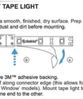 Instruction diagram for mounting Lit 200 LED Tape Light Kit, 12V Warm White 3000K, showing adhesive backing removal and installation steps.