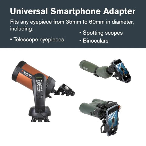 NexYZ DX Universal Smartphone Adapter for telescopes, binoculars, and spotting scopes, showcasing compatibility with eyepieces.